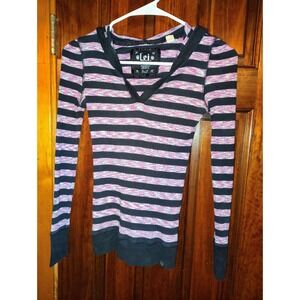 LEI Striped Long Sleeve Hooded V Neck Thermal Top Shirt Womens Small